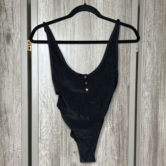 Frankies Bikinis Cheeky High Cut One Piece Swimsuit Ribbed Black Color Size XS - Picture 3 of 12